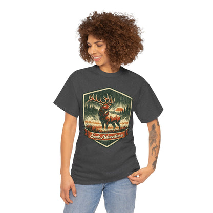 Elk At Dawn Vintage Badge Tee | Seek Adventure Graphic Shirt | Outdoor Nature Gift
