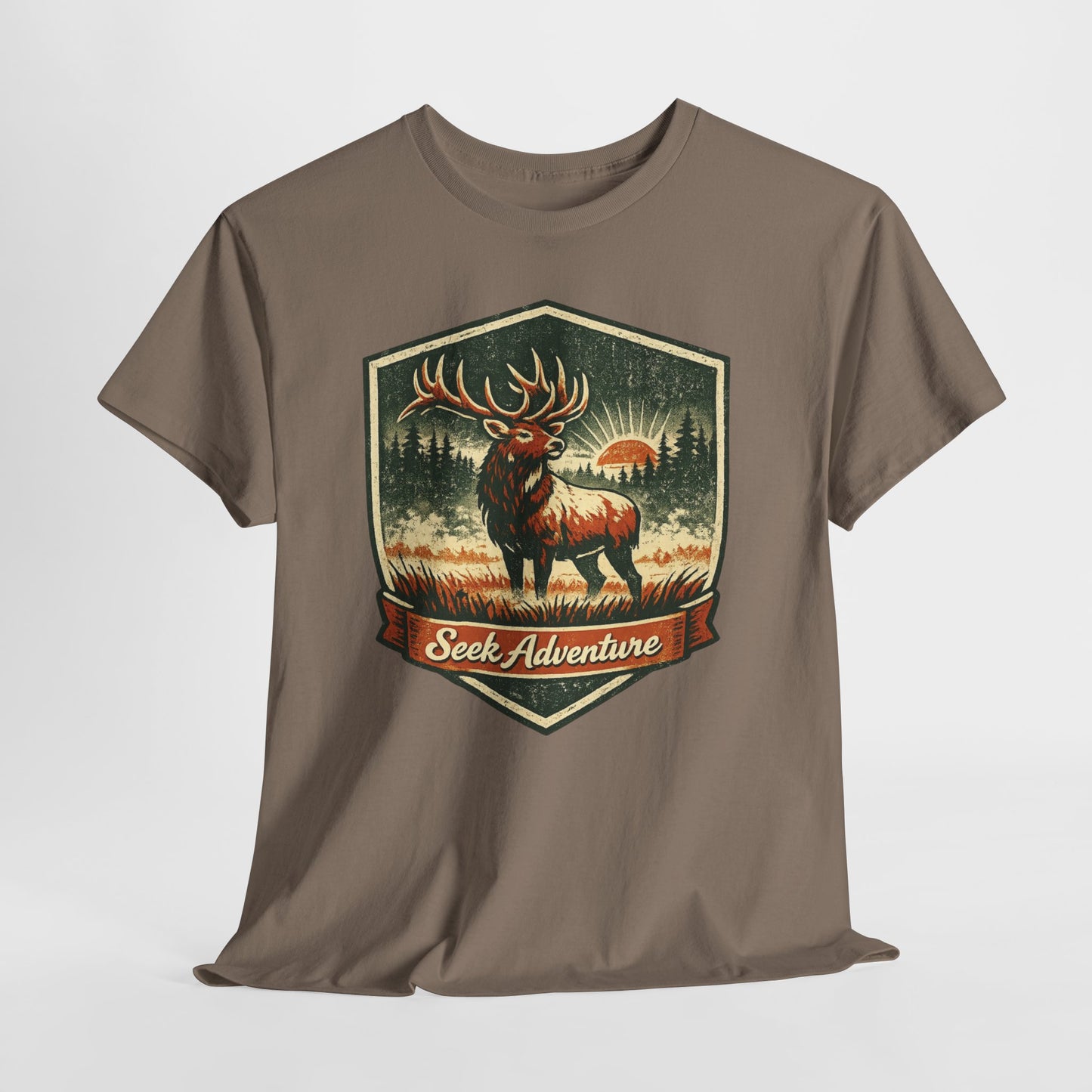 Elk At Dawn Vintage Badge Tee | Seek Adventure Graphic Shirt | Outdoor Nature Gift
