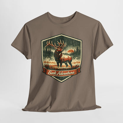 Elk At Dawn Vintage Badge Tee | Seek Adventure Graphic Shirt | Outdoor Nature Gift