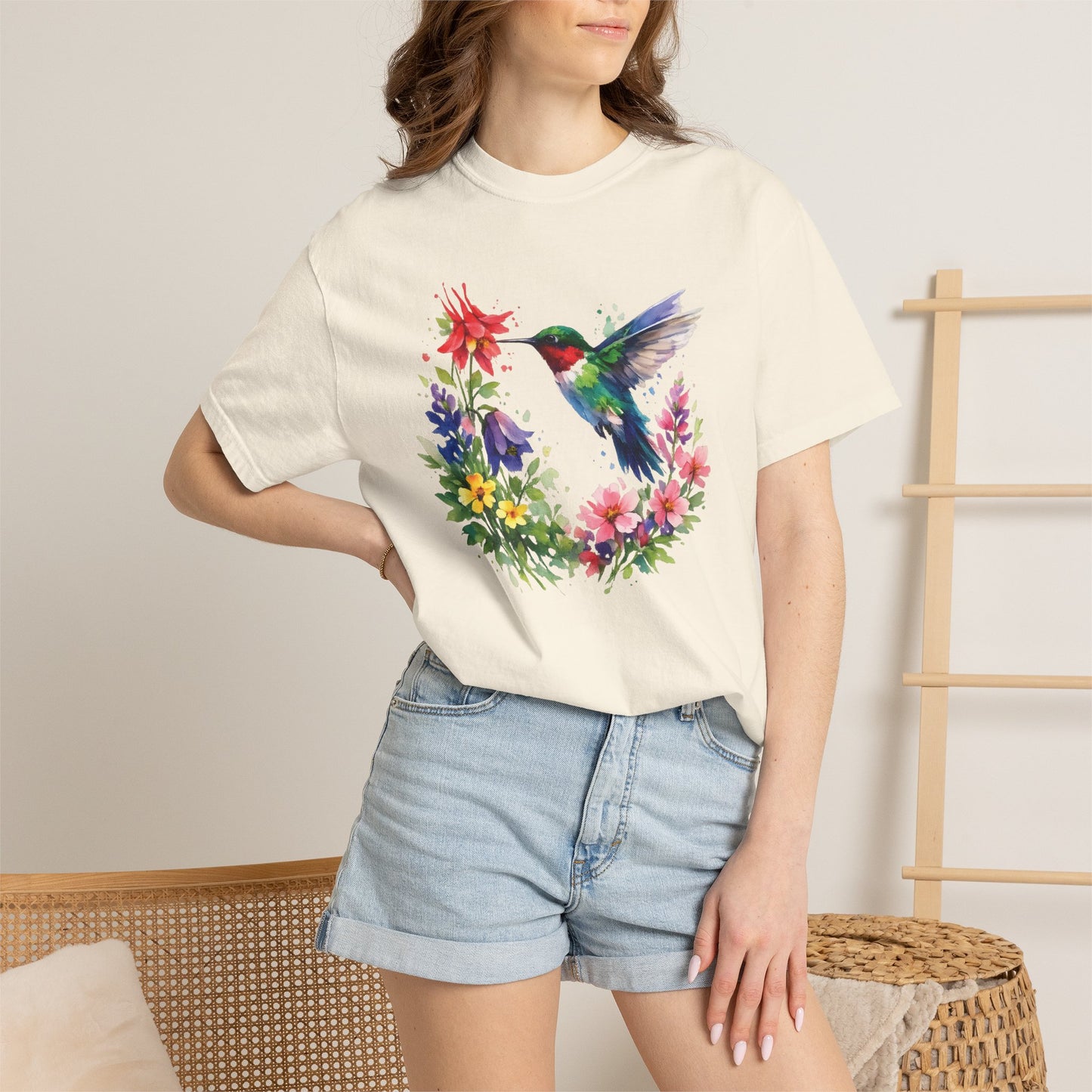 Hummingbird Wildflower Watercolor Tee | Jewel Tone Nature Shirt | Bird Watcher Gift