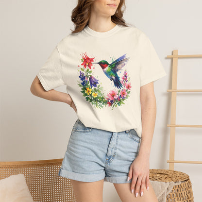 Hummingbird Wildflower Watercolor Tee | Jewel Tone Nature Shirt | Bird Watcher Gift