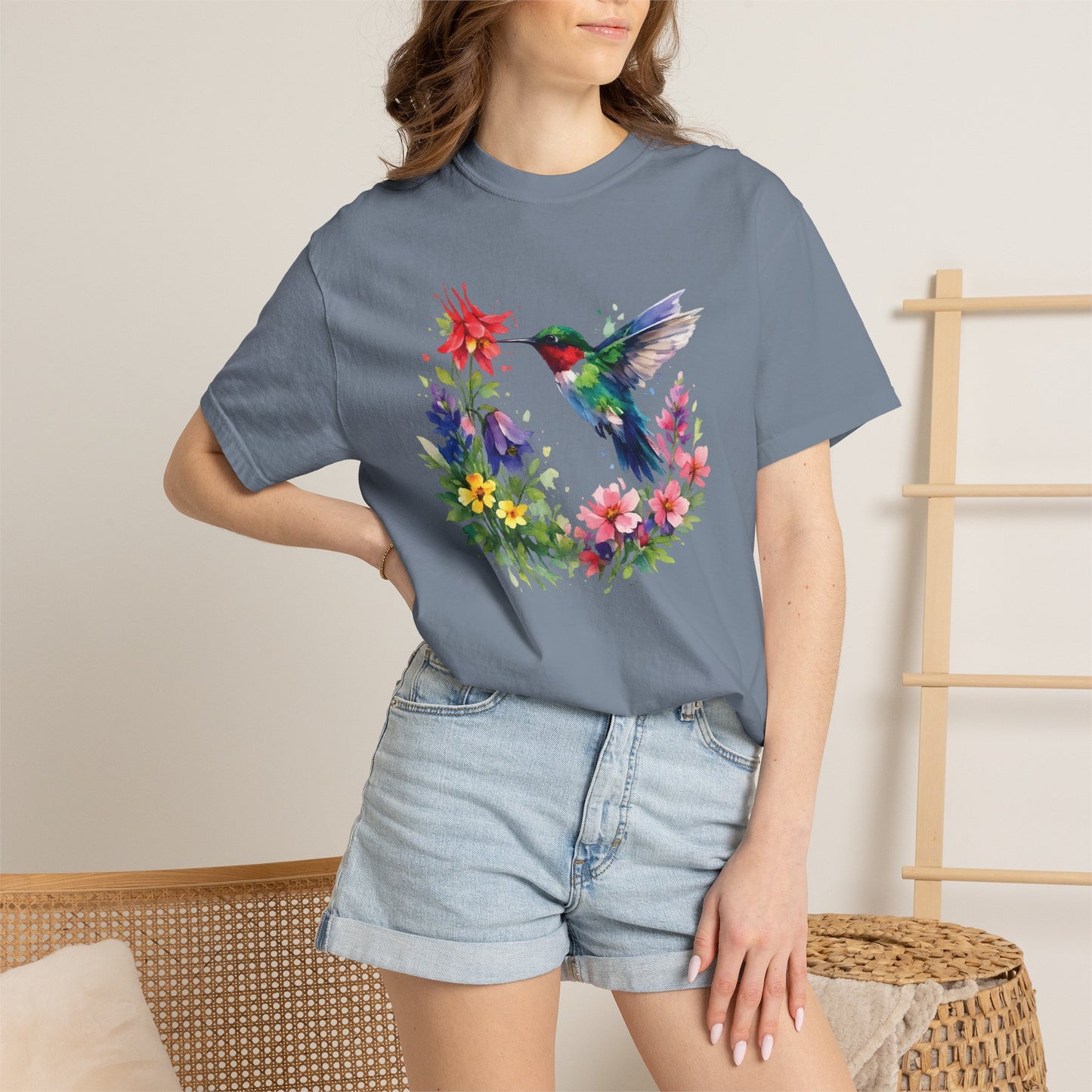 Hummingbird Wildflower Watercolor Tee | Jewel Tone Nature Shirt | Bird Watcher Gift