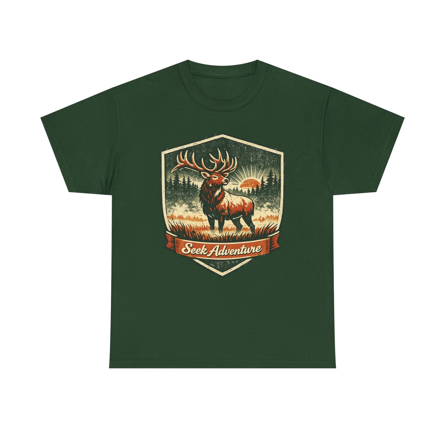 Elk At Dawn Vintage Badge Tee | Seek Adventure Graphic Shirt | Outdoor Nature Gift