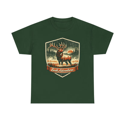 Elk At Dawn Vintage Badge Tee | Seek Adventure Graphic Shirt | Outdoor Nature Gift