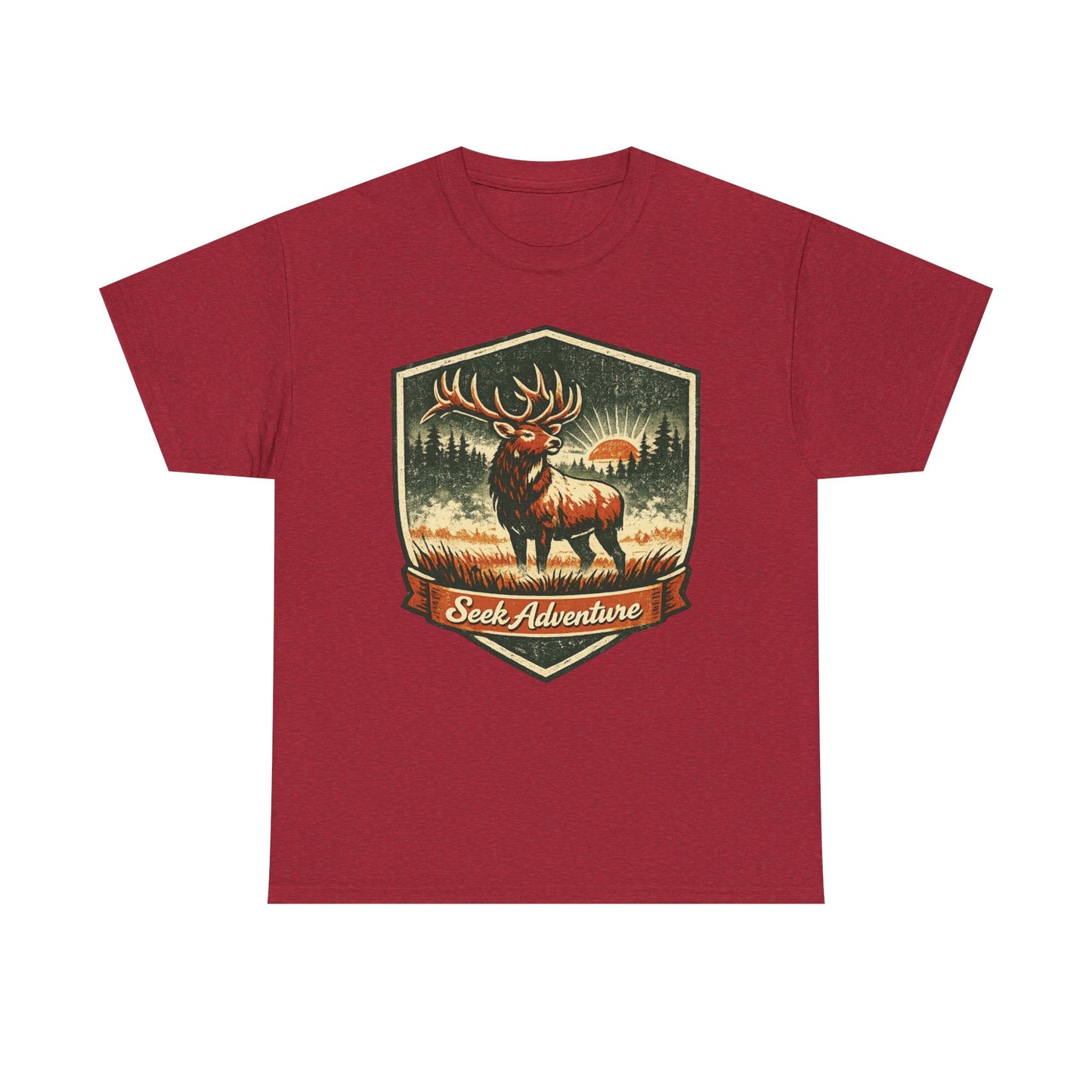 Elk At Dawn Vintage Badge Tee | Seek Adventure Graphic Shirt | Outdoor Nature Gift