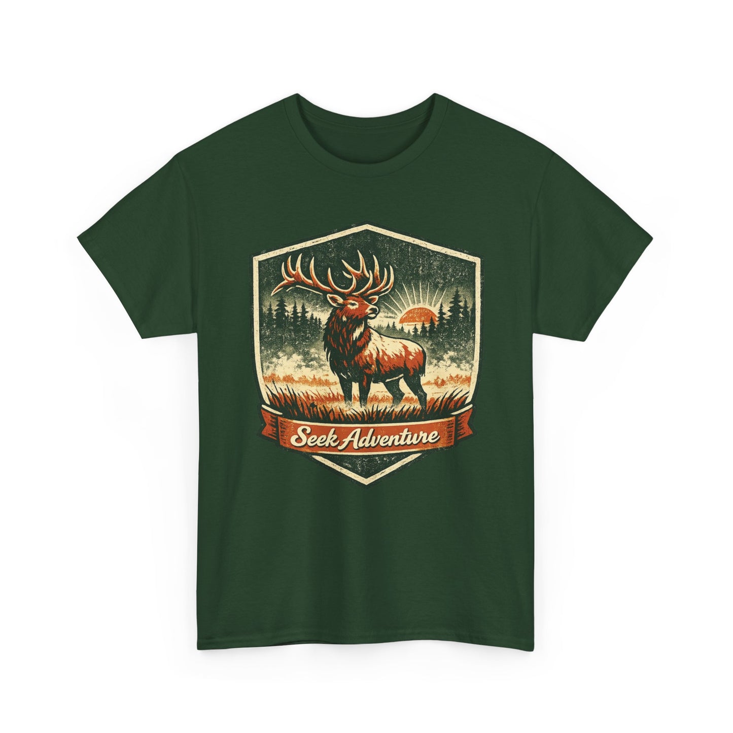Elk At Dawn Vintage Badge Tee | Seek Adventure Graphic Shirt | Outdoor Nature Gift