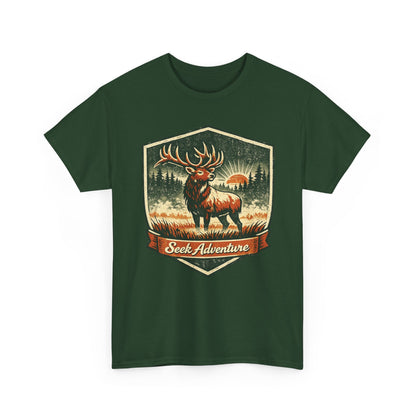 Elk At Dawn Vintage Badge Tee | Seek Adventure Graphic Shirt | Outdoor Nature Gift