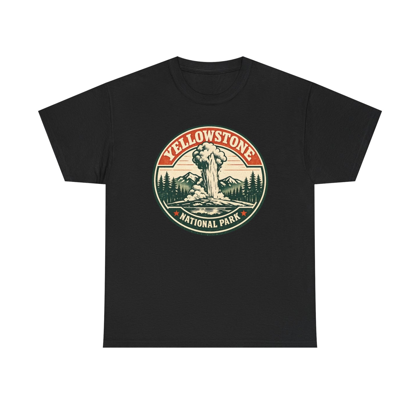 Yellowstone Park Badge Tee | Old Faithful Mountain Pine Trees Retro Circle Design