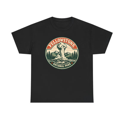 Yellowstone Park Badge Tee | Old Faithful Mountain Pine Trees Retro Circle Design