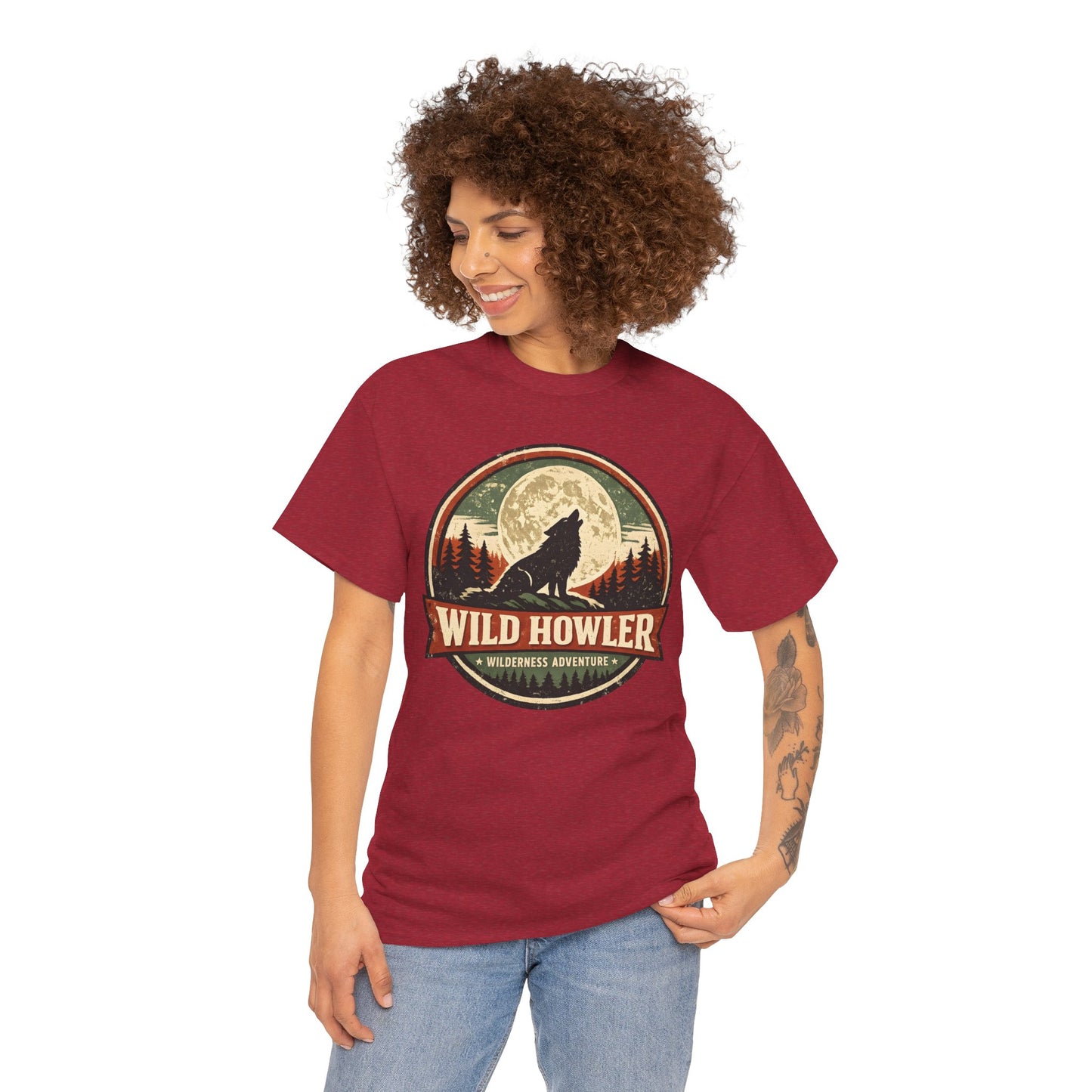 Howling Wolf Vintage Badge Tee | Full Moon Wilderness Shirt | Nature Lover Gift