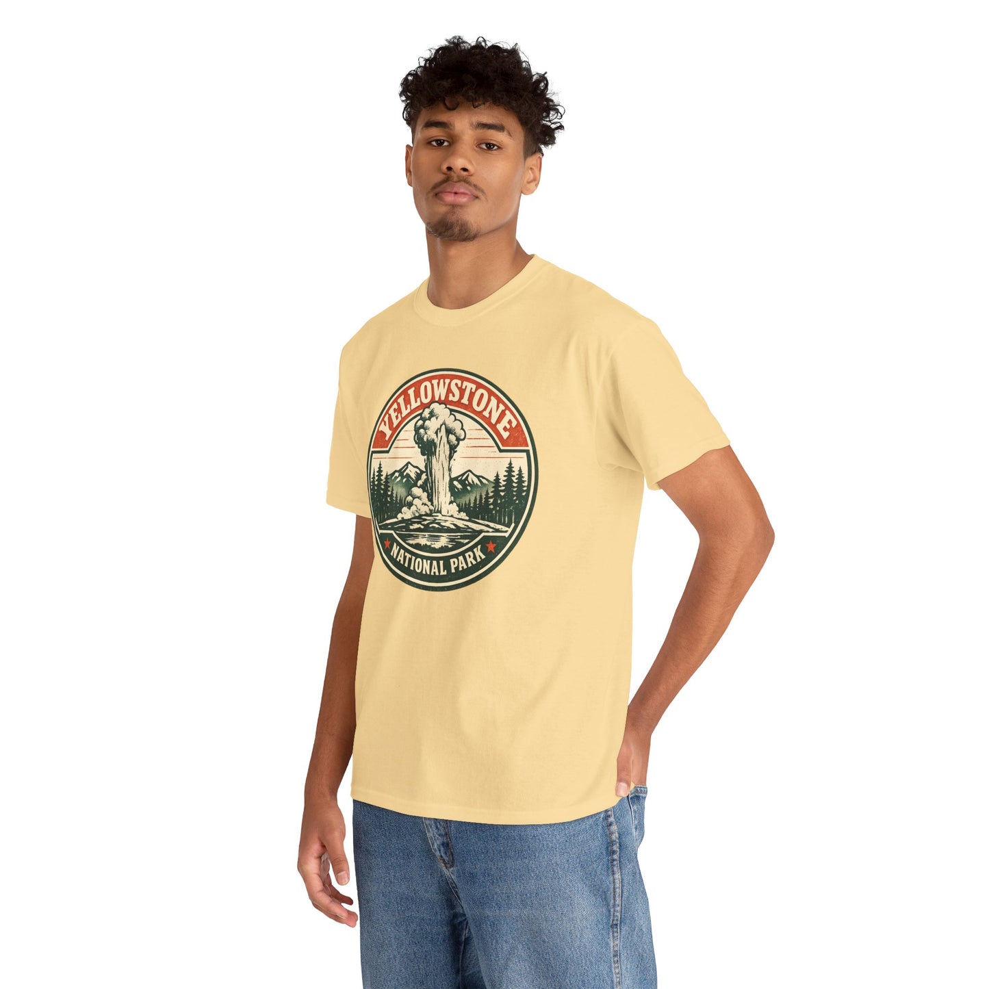 Yellowstone Park Badge Tee | Old Faithful Mountain Pine Trees Retro Circle Design