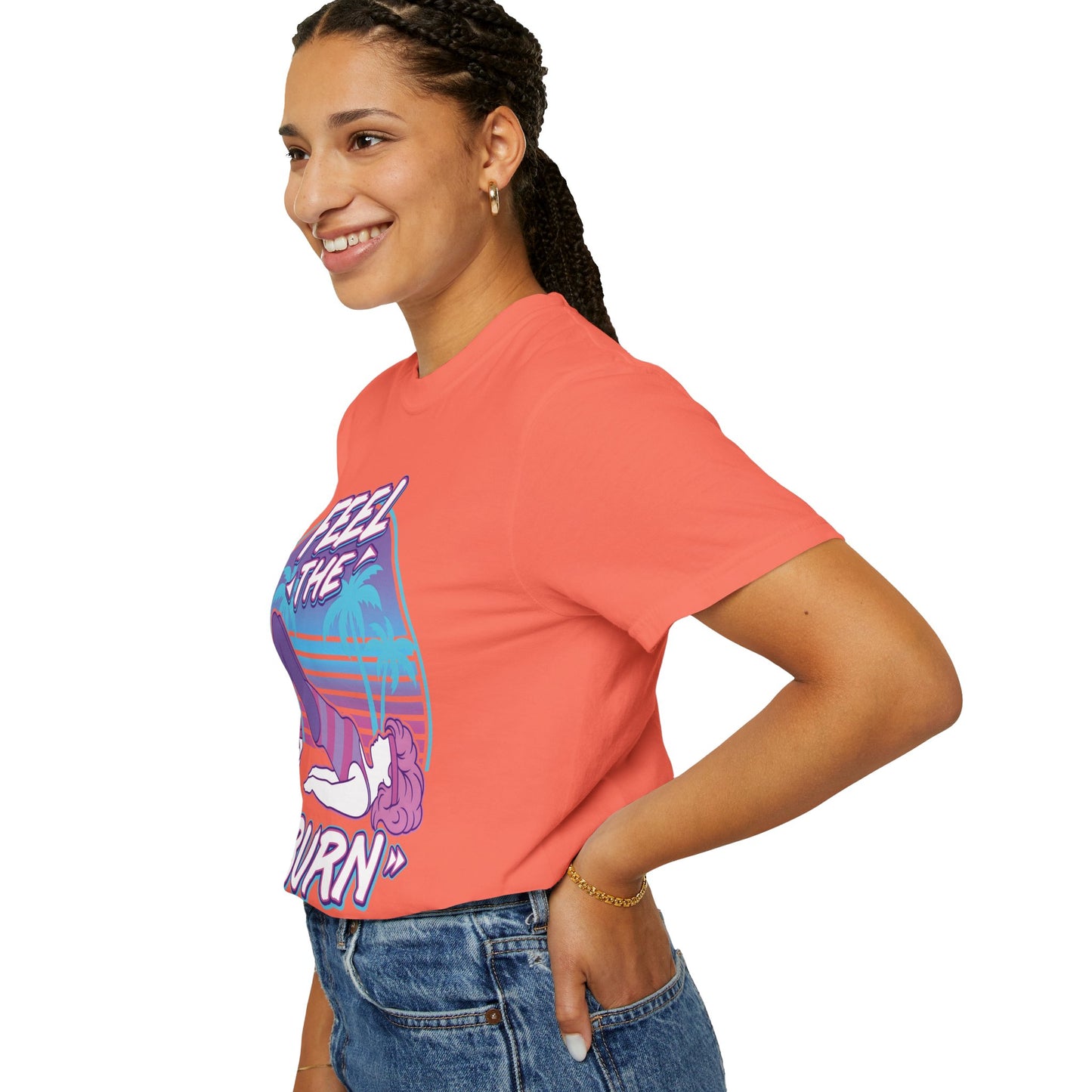Feel the Burn Retro 80s Glute Thrust Pose Graphic Tee | Vintage Workout Shirt