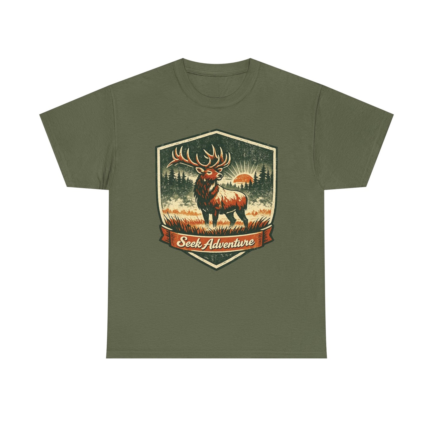 Elk At Dawn Vintage Badge Tee | Seek Adventure Graphic Shirt | Outdoor Nature Gift