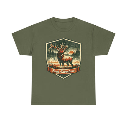 Elk At Dawn Vintage Badge Tee | Seek Adventure Graphic Shirt | Outdoor Nature Gift