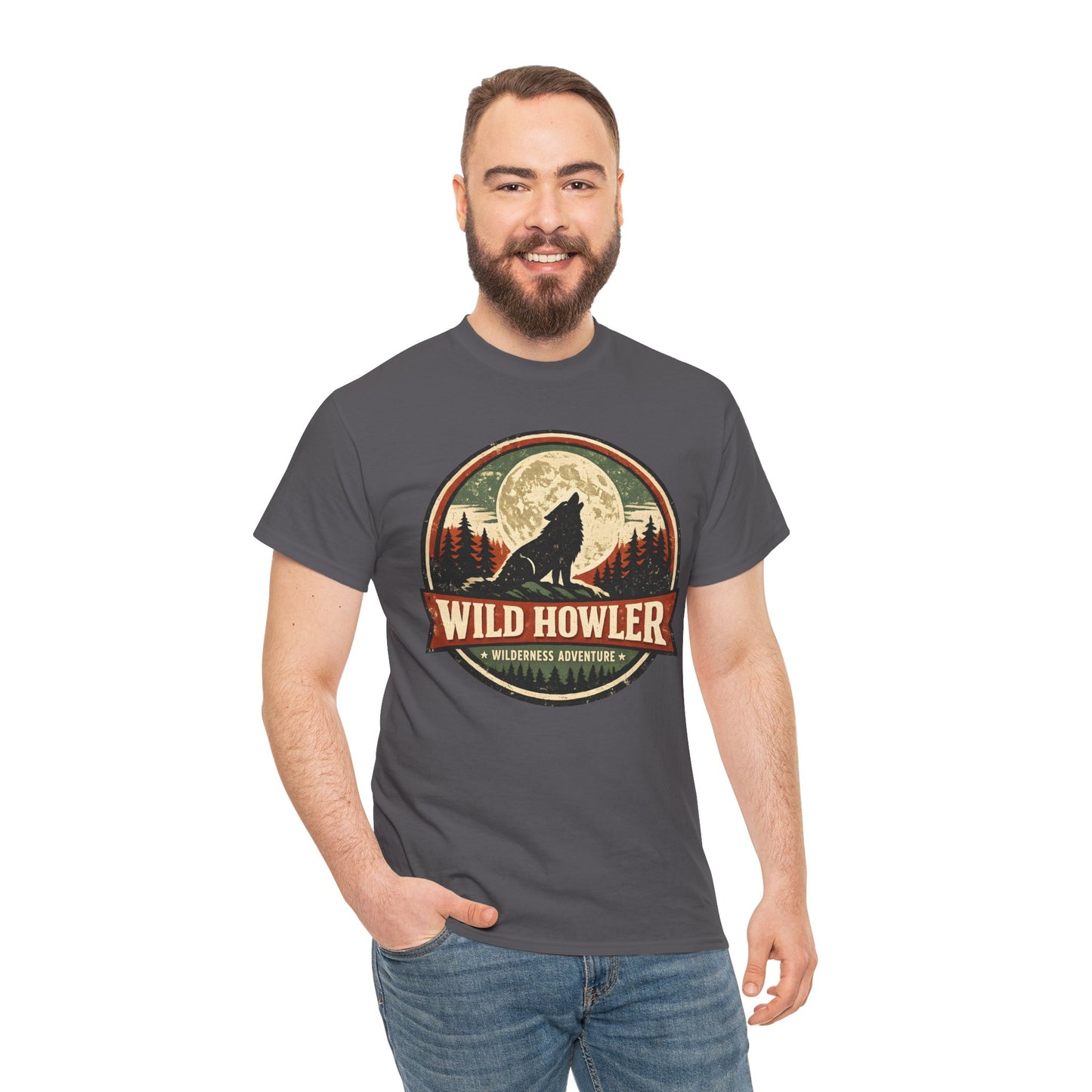 Howling Wolf Vintage Badge Tee | Full Moon Wilderness Shirt | Nature Lover Gift