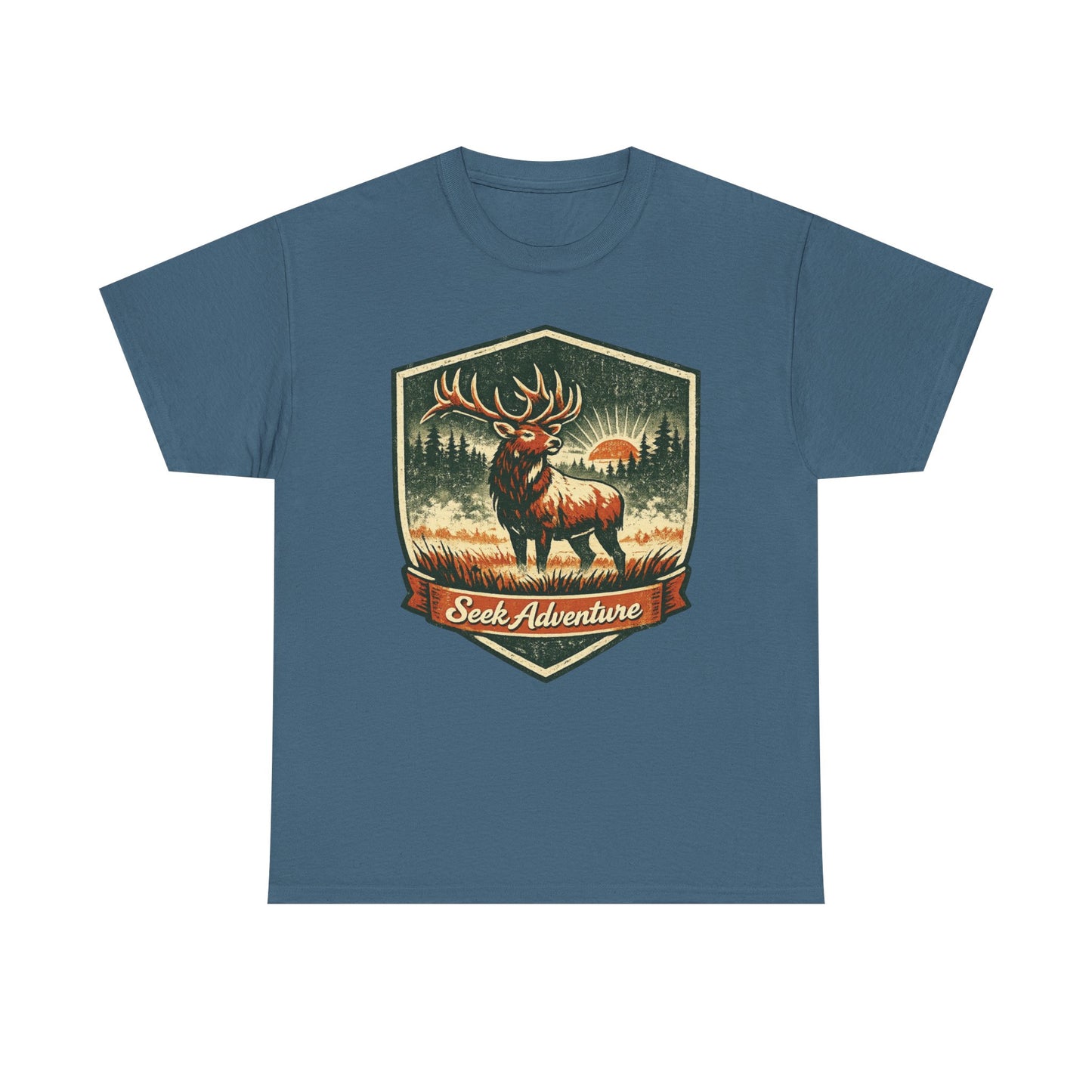 Elk At Dawn Vintage Badge Tee | Seek Adventure Graphic Shirt | Outdoor Nature Gift