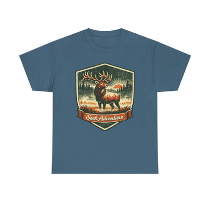 Elk At Dawn Vintage Badge Tee | Seek Adventure Graphic Shirt | Outdoor Nature Gift