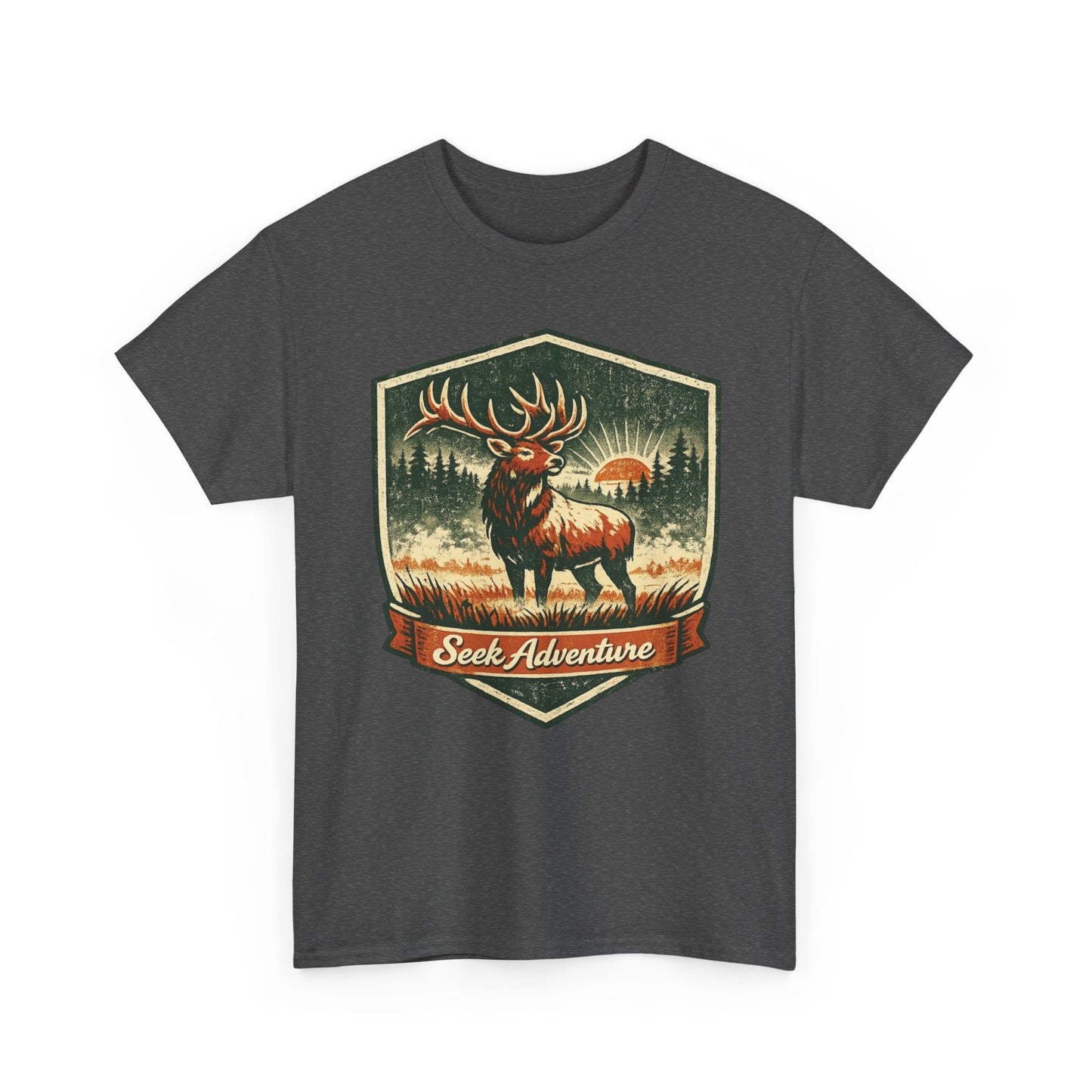 Elk At Dawn Vintage Badge Tee | Seek Adventure Graphic Shirt | Outdoor Nature Gift