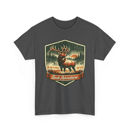 Elk At Dawn Vintage Badge Tee | Seek Adventure Graphic Shirt | Outdoor Nature Gift