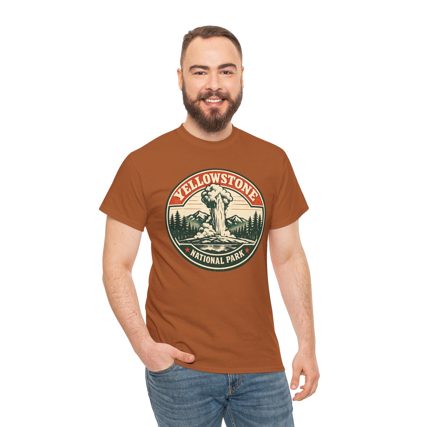 Yellowstone Park Badge Tee | Old Faithful Mountain Pine Trees Retro Circle Design
