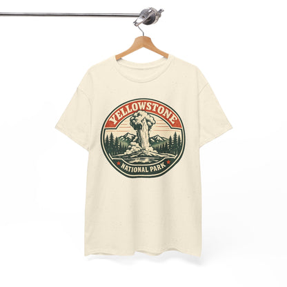 Yellowstone Park Badge Tee | Old Faithful Mountain Pine Trees Retro Circle Design