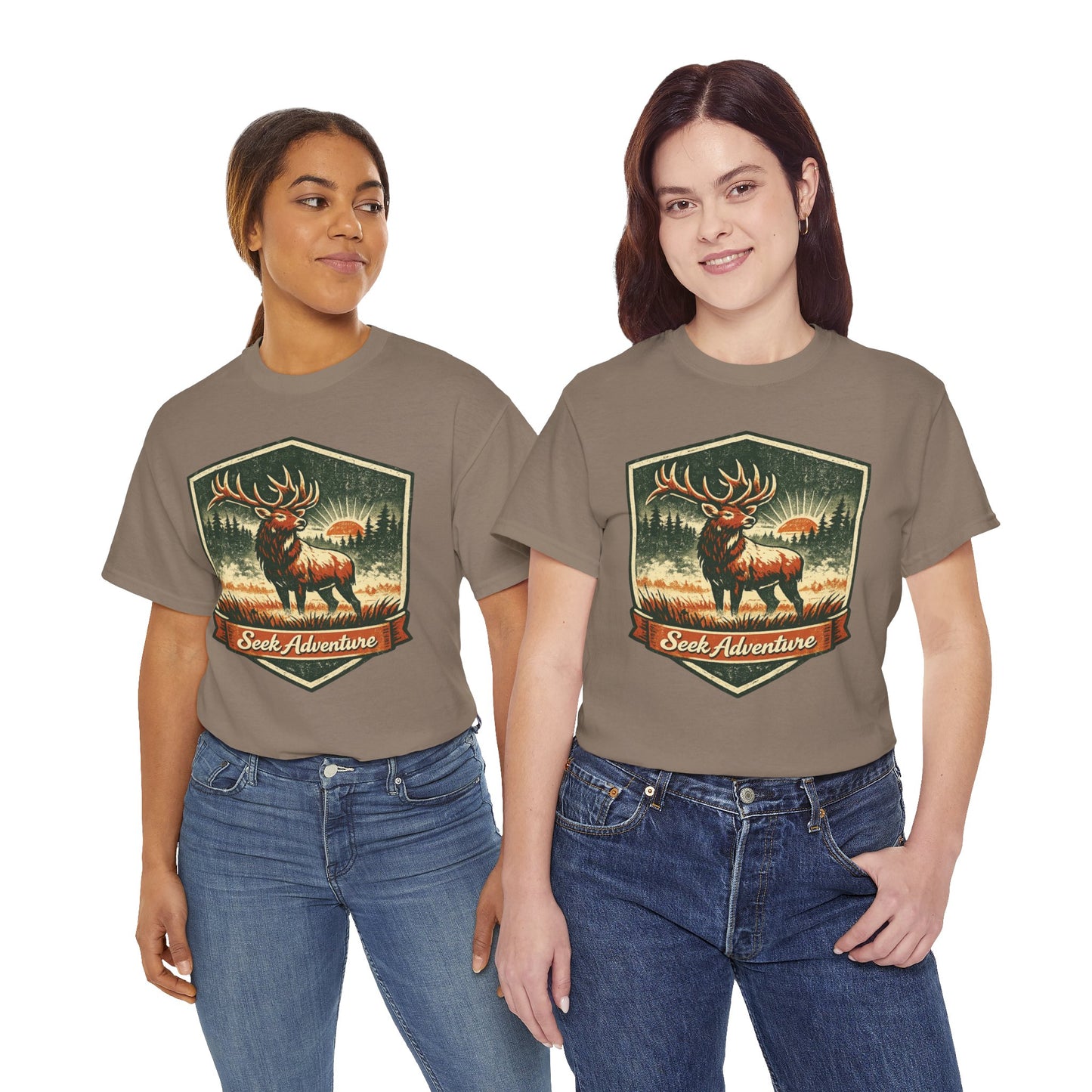 Elk At Dawn Vintage Badge Tee | Seek Adventure Graphic Shirt | Outdoor Nature Gift