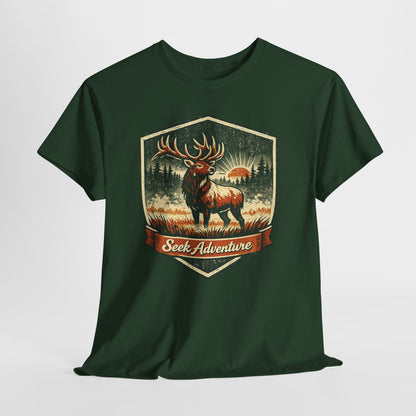 Elk At Dawn Vintage Badge Tee | Seek Adventure Graphic Shirt | Outdoor Nature Gift