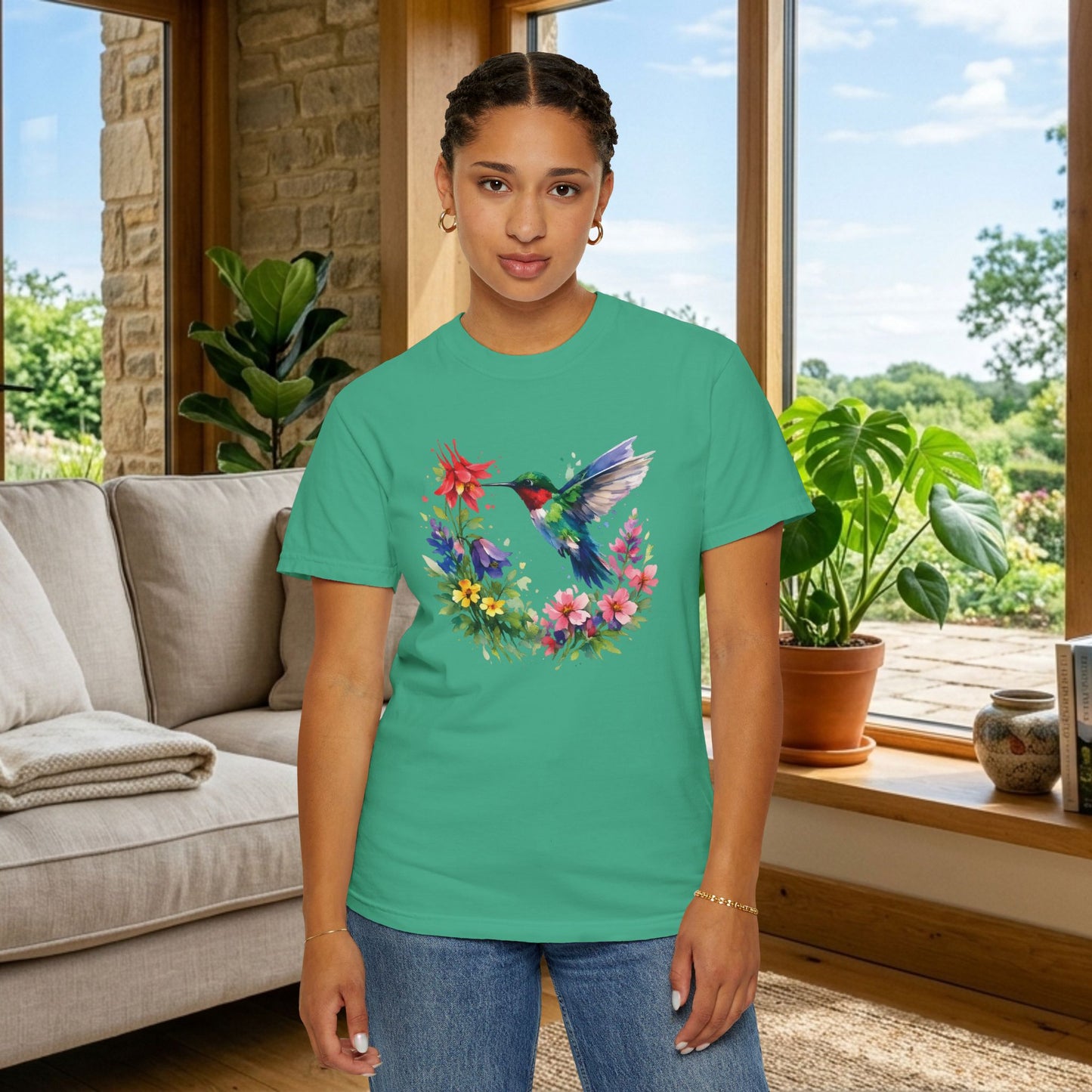 Hummingbird Wildflower Watercolor Tee | Jewel Tone Nature Shirt | Bird Watcher Gift