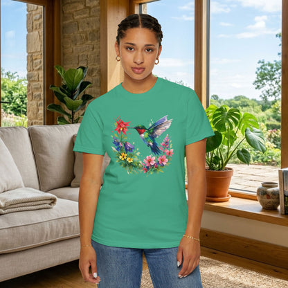 Hummingbird Wildflower Watercolor Tee | Jewel Tone Nature Shirt | Bird Watcher Gift