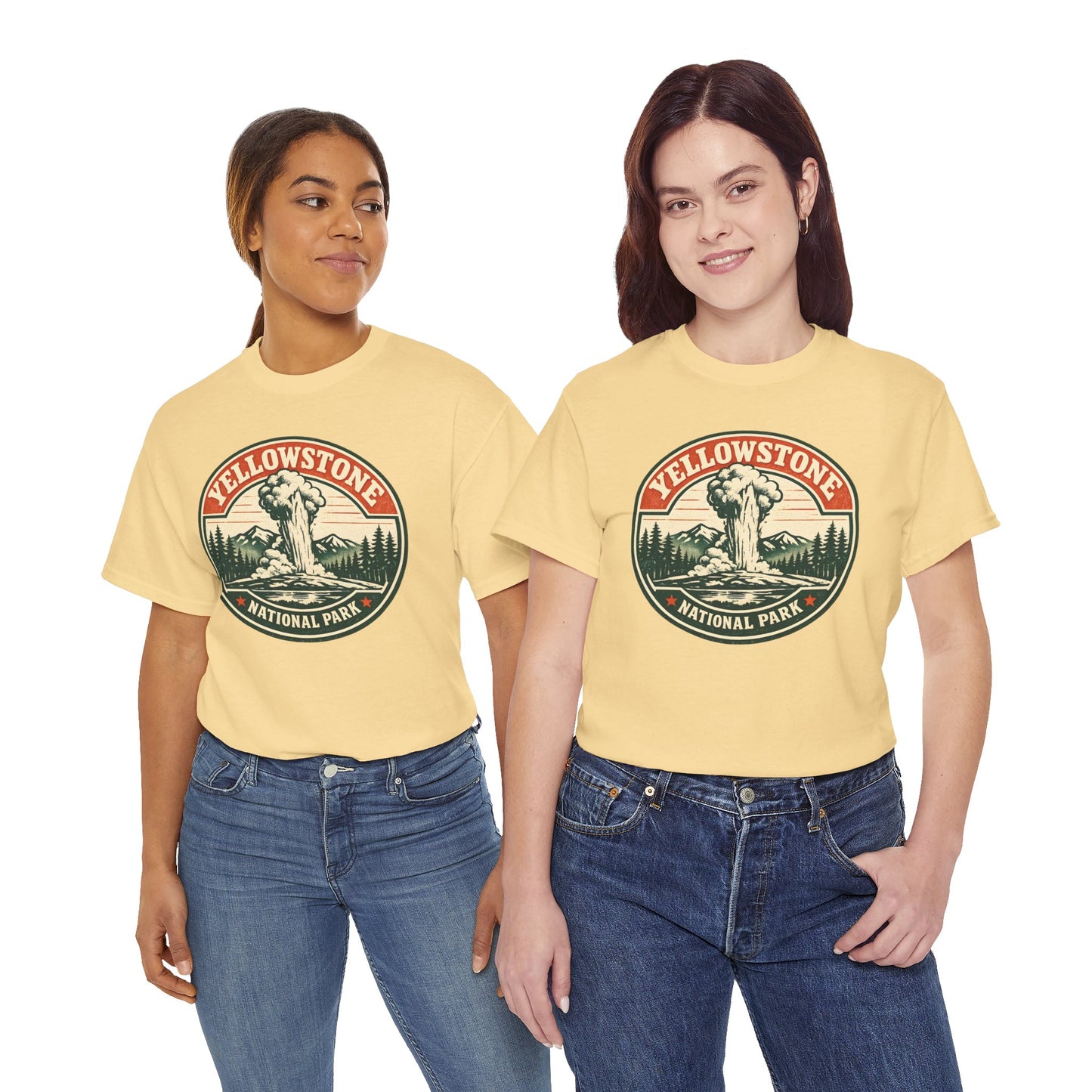 Yellowstone Park Badge Tee | Old Faithful Mountain Pine Trees Retro Circle Design