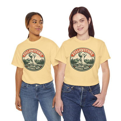 Yellowstone Park Badge Tee | Old Faithful Mountain Pine Trees Retro Circle Design