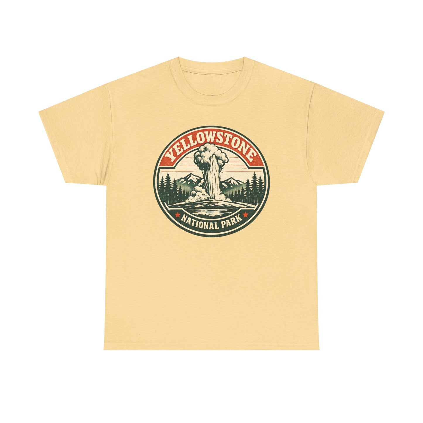 Yellowstone Park Badge Tee | Old Faithful Mountain Pine Trees Retro Circle Design