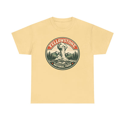 Yellowstone Park Badge Tee | Old Faithful Mountain Pine Trees Retro Circle Design