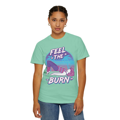 Feel the Burn Retro 80s Glute Thrust Pose Graphic Tee | Vintage Workout Shirt