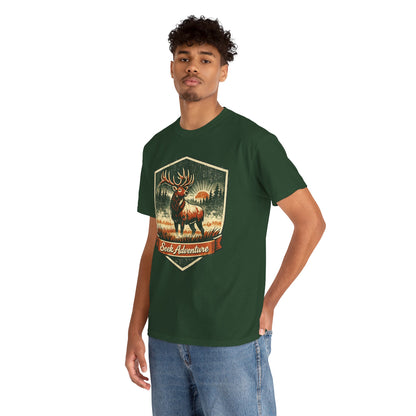 Elk At Dawn Vintage Badge Tee | Seek Adventure Graphic Shirt | Outdoor Nature Gift