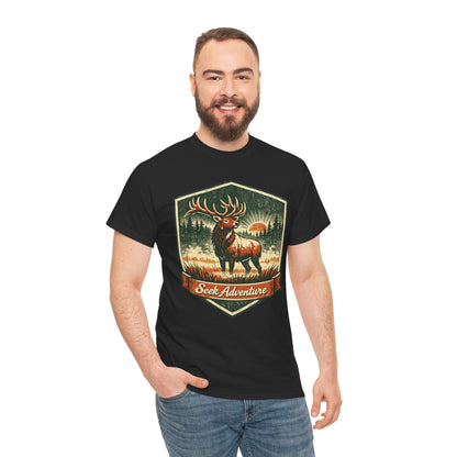 Elk At Dawn Vintage Badge Tee | Seek Adventure Graphic Shirt | Outdoor Nature Gift