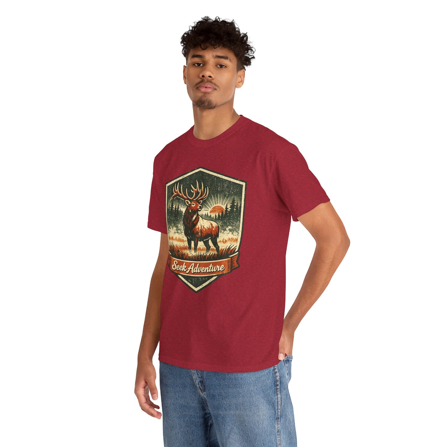 Elk At Dawn Vintage Badge Tee | Seek Adventure Graphic Shirt | Outdoor Nature Gift