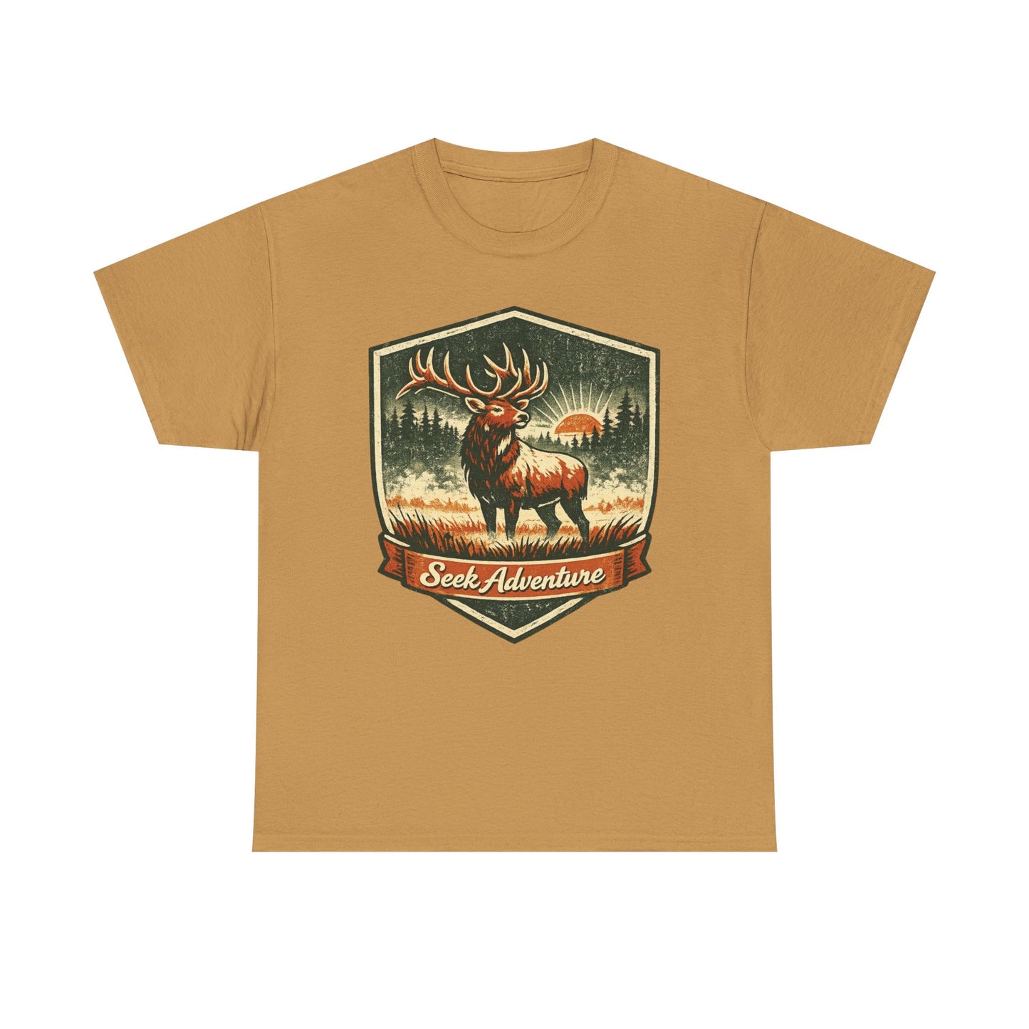 Elk At Dawn Vintage Badge Tee | Seek Adventure Graphic Shirt | Outdoor Nature Gift