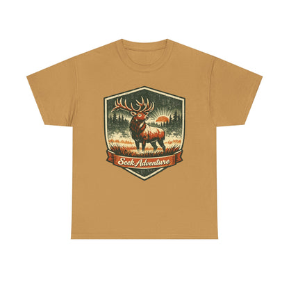 Elk At Dawn Vintage Badge Tee | Seek Adventure Graphic Shirt | Outdoor Nature Gift