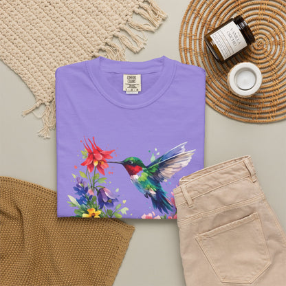 Hummingbird Wildflower Watercolor Tee | Jewel Tone Nature Shirt | Bird Watcher Gift