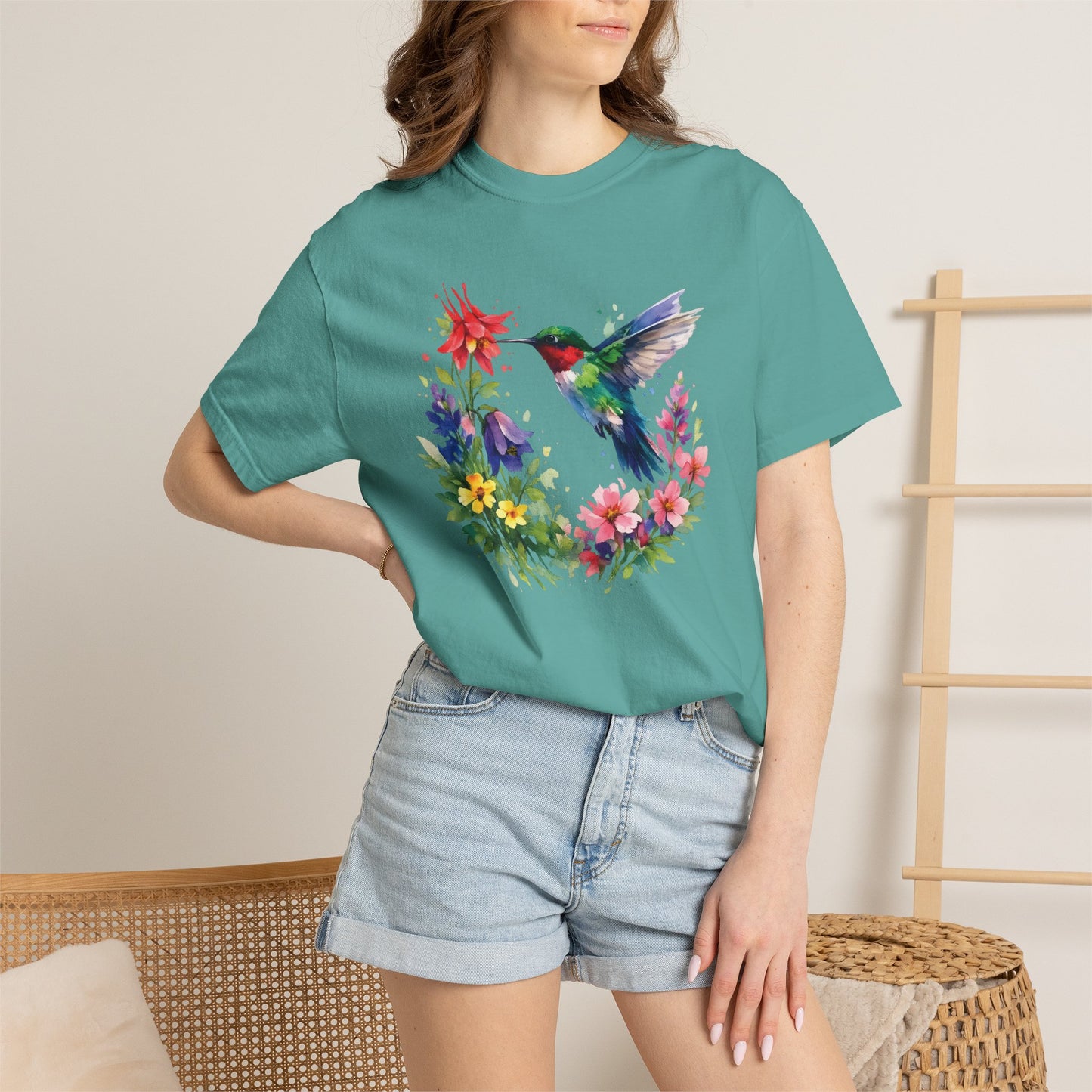 Hummingbird Wildflower Watercolor Tee | Jewel Tone Nature Shirt | Bird Watcher Gift