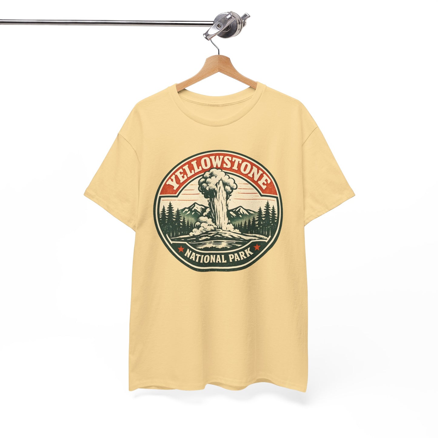 Yellowstone Park Badge Tee | Old Faithful Mountain Pine Trees Retro Circle Design