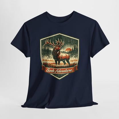 Elk At Dawn Vintage Badge Tee | Seek Adventure Graphic Shirt | Outdoor Nature Gift
