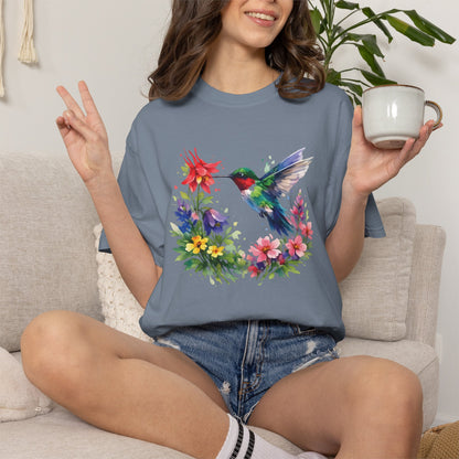 Hummingbird Wildflower Watercolor Tee | Jewel Tone Nature Shirt | Bird Watcher Gift