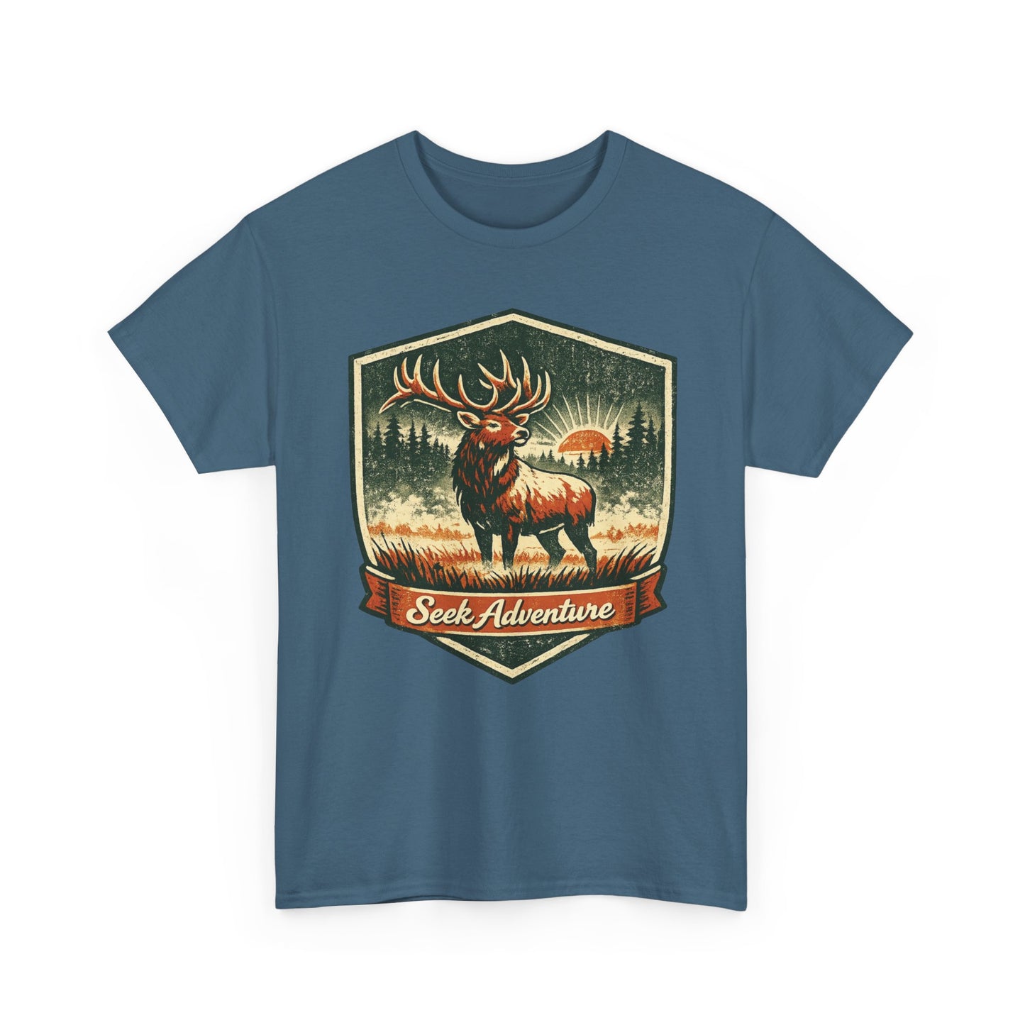 Elk At Dawn Vintage Badge Tee | Seek Adventure Graphic Shirt | Outdoor Nature Gift