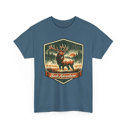Elk At Dawn Vintage Badge Tee | Seek Adventure Graphic Shirt | Outdoor Nature Gift