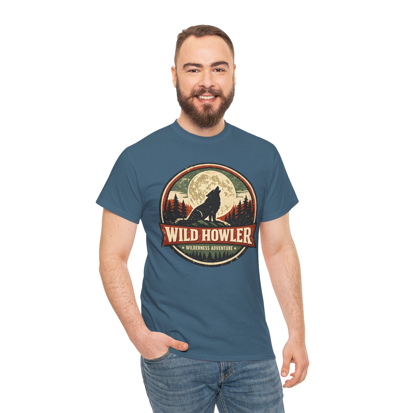Howling Wolf Vintage Badge Tee | Full Moon Wilderness Shirt | Nature Lover Gift