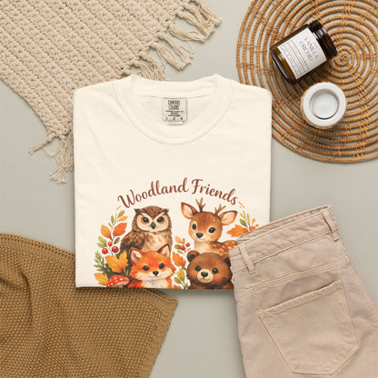 Woodland Friends Badge Watercolor Tee | Fox Bear Deer Owl Shirt | Nature Lover Gift