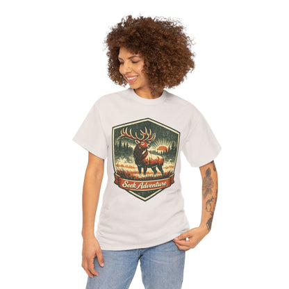 Elk At Dawn Vintage Badge Tee | Seek Adventure Graphic Shirt | Outdoor Nature Gift