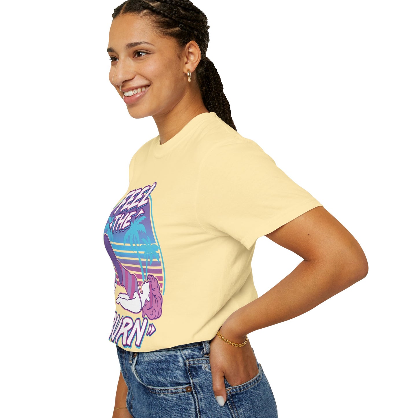 Feel the Burn Retro 80s Glute Thrust Pose Graphic Tee | Vintage Workout Shirt